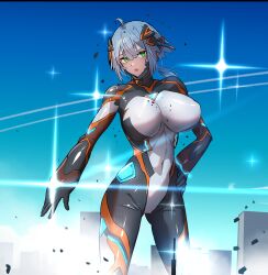 1girl ahoge black_bodysuit blue_hair blue_sky bodysuit breasts building city colossus_(natsukaze_shigure) covered_erect_nipples covered_navel destruction giant giantess green_eyes hair_between_eyes hand_on_own_hip headgear highres impossible_bodysuit impossible_clothes large_breasts looking_at_viewer magical_girl natsukaze_shigure open_mouth original science_fiction short_hair skin_tight sky solo standing