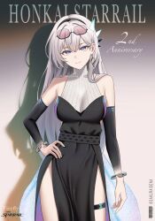 1girl absurdres artist_name bare_shoulders black_dress black_hairband blue_pupils bracelet breasts character_name closed_mouth commentary copyright_name cowboy_shot dress earrings elbow_gloves english_commentary english_text eyewear_on_head firefly_(honkai:_star_rail) firefly_(on_the_journey)_(honkai:_star_rail) glasses gloves gradient_background gradient_gloves grey_hair hairband hand_on_own_hip highres honkai:_star_rail honkai_(series) jewelry large_breasts long_hair looking_at_viewer multicolored_eyes official_alternate_costume purple_eyes semi-rimless_eyewear senamashiro shadow shirt simple_background single_earring sleeveless sleeveless_turtleneck smile solo tinted_eyewear turtleneck turtleneck_shirt two-tone_eyes