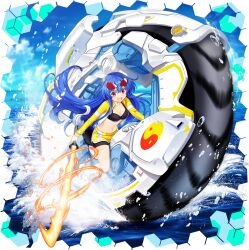 Rule 34 | 1girl, alternate costume, bespectacled, bike shorts, bike shorts under shorts, bikini, black bikini, black shorts, blue hair, blue sky, breasts, cleavage, cloud, collarbone, day, eyewear on head, full body, game cg, glasses, highres, hinanawi tenshi, hinanawi tenshi (eldest daughter enjoying the beach), holding, holding sword, holding weapon, jacket, long hair, long sleeves, looking at viewer, medium breasts, monowheel, navel, ocean, official art, on monowheel, open clothes, open jacket, open mouth, red eyes, rotte (1109), shorts, sitting, sky, smile, solo, stomach, sunglasses, swimsuit, sword, sword of hisou, third-party source, touhou, touhou lostword, transparent background, very long hair, weapon, yellow jacket, yellow shorts