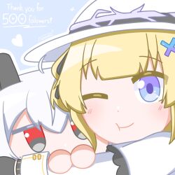 1girl artist_logo black_eyes blonde_hair blue_eyes commentary cube curled_horns english_commentary english_text hair_ornament hat highres holding horns logo multicolored_eyes objectification one_eye_closed phoebe_(wuthering_waves) red_eyes solo tenrino two-tone_eyes white_hat wuthering_waves x_hair_ornament zani_(wuthering_waves)