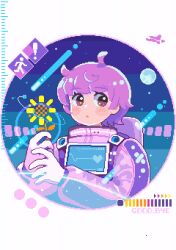 1girl :o animated animated_gif astronaut blinking blush cardiogram flower full_moon heart holding holding_flower looking_at_viewer looping_animation moon original oyuzaki_(ayuzaki) pixel_art purple_eyes purple_hair short_hair sky solo spacesuit star_(sky) starry_sky upper_body
