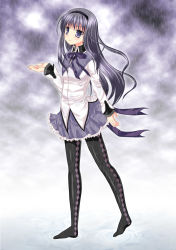 10s 1girl akemi_homura akemi_homura_(magical_girl) ameya_kirika bad_anatomy bad_feet bad_hands black_eyes black_hair bow female_focus hair_ornament hairband highres long_hair long_sleeves looking_up mahou_shoujo_madoka_magica mahou_shoujo_madoka_magica_(anime) no_shoes pantyhose parted_lips pleated_skirt rain skirt solo walking wet