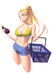 artist_request blonde_hair breasts buttons character_request copyright_request eggplant food large_breasts navel shorts tagme vegetable