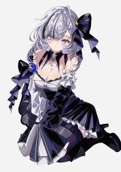 1girl absurdres asymmetrical_legwear belt black_hair black_nails black_ribbon black_skirt blue_eyes blue_fire blue_hair blue_ribbon breasts cleavage colored_inner_hair fire first_stage_production frilled_skirt frilled_sleeves frills full_body garter_straps grey_hair hair_ribbon high-waist_skirt highres iyo_(kgjc8574) kneeling large_breasts light_smile long_sleeves looking_at_viewer medium_hair multicolored_hair plate pleated_shirt ribbon shirt skirt sleeves_past_fingers sleeves_past_wrists solo streaked_hair thighhighs virtual_youtuber white_background white_shirt white_thighhighs yuyu_yura