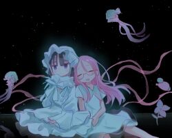 2girls alien_stage black_hair bonnet closed_eyes commentary dress drooling glasses gulrurclsa42640 hashtag-only_commentary highres jellyfish mizi_(alien_stage) mouth_drool multiple_girls open_mouth pink_hair purple_eyes short_hair short_sleeves sleeping space star_(sky) sua_(alien_stage) white_bonnet white_dress