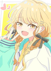 1girl black_ribbon blonde_hair blush braid commentary fang fujita_kotone gakuen_idolmaster hair_ribbon heart idolmaster jacket long_hair looking_at_viewer multicolored_jacket outline ribbon shimotsukiya shirt skin_fang smile solo twin_braids upper_body v white_outline yellow_eyes yellow_shirt