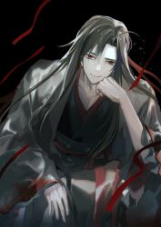 1boy ahoge bishounen black_background black_hair black_hanfu chinese_clothes closed_mouth coat collarbone grey_coat hair_down hair_ribbon half_updo hand_on_own_face hand_up hanfu head_rest long_hair long_sleeves looking_at_viewer male_focus modao_zushi official_alternate_costume official_alternate_hairstyle open_clothes open_coat red_eyes red_ribbon red_sash ribbon robe sash serenity0712 simple_background sitting smile solo wei_wuxian wei_wuxian_(yiling_laozu) wide_sleeves