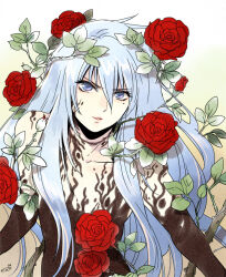 1boy alternate_costume bare_shoulders blue_eyes blue_hair eyelashes flower hair_between_eyes long_hair looking_at_viewer male_focus mizuhara_aki mole mole_under_eye mud nude parted_lips pink_lips pisces_albafica red_flower red_rose rose saint_seiya saint_seiya:_the_lost_canvas solo trap upper_body v-shaped_eyebrows