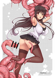 1girl arm_up armpits ass bar_censor black_hair black_skirt blush bound bound_arms breasts brown_eyes brown_thighhighs censored cleavage fanbox_username frilled_shirt frills high_heels kotegawa_yui large_breasts long_hair looking_at_viewer microskirt open_mouth penis_tentacle pleated_skirt pointless_censoring red_shoes restrained shirt shoes skirt sleeveless sleeveless_shirt solo standing standing_on_one_leg stiletto_heels t-shirt tentacles thighhighs thighs to_love-ru virus-g yellow_eyes