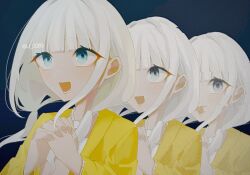 1girl :d bead_necklace beads black_background danganronpa_(series) danganronpa_v3:_killing_harmony dao_(li_0069) dark_skin grey_eyes jacket jewelry long_hair long_sleeves looking_at_viewer low_twintails lower_teeth_only multiple_views necklace open_mouth own_hands_clasped own_hands_together shell shell_necklace simple_background smile teeth twintails yellow_jacket yonaga_angie