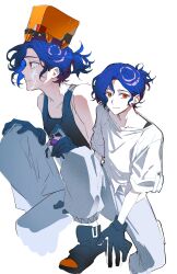 1boy absurdres blue_hair boots colored_inner_hair conch_(gundam) fei_00714 gloves gundam gundam_gquuuuuux highres holding_spray_can looking_at_viewer lower_eyelashes_only male_focus multicolored_hair multiple_views non-humanoid_robot paint_splatter paint_splatter_on_face pants ponytail profile purple_hair red_eyes robot shirt short_hair shuji_ito simple_background sleeveless smile solo_focus tank_top two-tone_hair white_background white_shirt