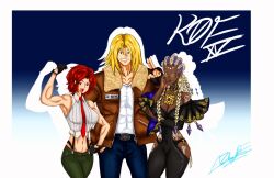 2girls azure azurekryptonite bodypaint braid braided_ponytail breasts cleavage collar curvy dolores_(kof) dress earrings female_focus formal_clothes glasses gloves gold green_eyes jewelry large_breasts leather long_hair medium_hair multiple_girls panties pants purple_hair round_eyewear shirt short_hair smile terry_bogard the_king_of_fighters thick_lips thighs underwear vanessa_(kof) white_hair white_shirt wide_hips