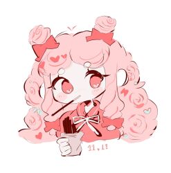 1girl bow commentary_request cookie_run cookie_run:_ovenbreak cotton_candy_cookie cropped_torso curly_hair dated double_bun food hair_bow hair_bun heart heart_in_eye highres holding holding_food holding_pocky humanization korean_commentary long_hair looking_at_viewer mouth_hold neck_ribbon no_pupils pocky pocky_day red_bow red_eyes red_shirt ribbon shirt sidelocks simple_background solo symbol_in_eye takawoyu white_background white_ribbon