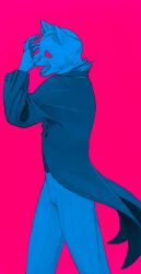 Rule 34 | 1boy, absurdres, animal ears, blue theme, cat ears, cat mask, claws, commentary request, cowboy shot, eyepatch, fear &amp; hunger (series), fear &amp; hunger 2: termina, fur trim, geulim03, highres, korean commentary, long sleeves, mask, medical eyepatch, open mouth, pants, pink background, pocketcat (fear &amp; hunger), simple background, solo, tailcoat