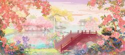 architecture bridge cherry_blossoms chinese_commentary cloud commentary_request east_asian_architecture flower highres huahua_de_wuyunya lake lily_(flower) lily_pad no_humans original petals pink_flower pink_sky purple_flower scenery sky sunset tree