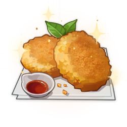 artist_request bowl commentary english_commentary food food_focus game_cg genshin_impact hash_browns jam leaf lowres napkin no_humans official_art simple_background sparkle still_life third-party_source transparent_background