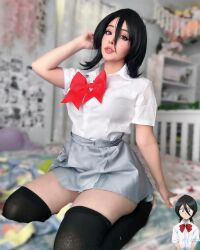 1girl black_hair bleach cosplay female_pervert kuchiki_rukia kuchiki_rukia_(cosplay) medium_hair miniskirt pervert presenting real_life school_uniform sexually_suggestive short_hair skirt solo solo_focus
