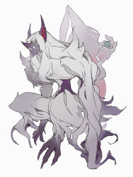 absurdres alternate_color back-to-back colored_skin fangs full_body gen_8_pokemon grimmsnarl hatterene highres holding keroreud nintendo no_humans pink_skin pointy_ears pokemon pokemon_(creature) pokemon_focus purple_fur purple_skin shiny_pokemon simple_background white_background white_fur yellow_eyes