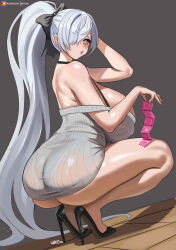 1girl absurdly_long_hair ass averting_eyes blush breasts cinderella_(beautiful_me)_(nikke) cinderella_(nikke) condom condom_packet_strip condom_wrapper curvy delta26 dress full_body goddess_of_victory:_nikke hair_over_one_eye high_heels highres huge_ass huge_breasts long_hair no_bra official_alternate_costume patreon_username ponytail red_eyes solo squatting thick_thighs thighs very_long_hair white_dress white_hair wide_hips
