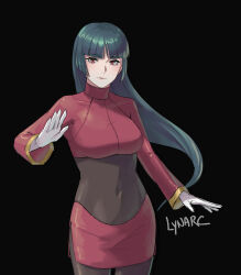 Rule 34 | 1girl, black background, blunt bangs, bodysuit, bodysuit under clothes, breasts, gloves, highres, hime cut, long hair, long sleeves, looking at viewer, lynarc, nintendo, pokemon, pokemon frlg, puffy long sleeves, puffy sleeves, red eyes, red skirt, sabrina (pokemon), skirt, solo, white gloves