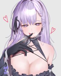 1girl bare_shoulders black_gloves breasts cleavage commission earrings gloves grey_background hanmow09 heart heart-shaped_pupils highres indie_virtual_youtuber jewelry large_breasts long_hair purple_eyes purple_hair simple_background skydarc_(vtuber) solo symbol-shaped_pupils tongue tongue_out upper_body