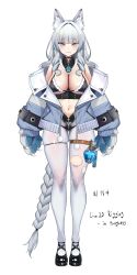 1girl absurdres animal_ear_fluff animal_ears animal_hands belt bikini black_bikini blue_jacket breasts closed_mouth commentary english_text full_body gloves grey_eyes grey_hair halterneck highres jacket large_breasts long_hair looking_at_viewer low-braided_long_hair low-tied_long_hair mayoichi mole mole_on_breast mole_under_mouth navel off_shoulder open_clothes open_jacket original pantyhose paw_gloves potion simple_background smile solo straight-on swimsuit thigh_belt thigh_gap thigh_strap torn_clothes torn_pantyhose very_long_hair white_background white_pantyhose