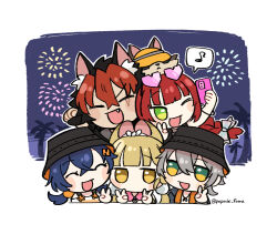 Rule 34 | 2boys, 3girls, alice thymefield, alice thymefield (sea of thyme), animal, animal ear fluff, animal ears, belle (summer skies) (zenless zone zero), belle (zenless zone zero), black gloves, black hair, black hat, blonde hair, blue hair, bucket hat, chibi, commentary request, crossed bangs, eyewear on head, fang, fingerless gloves, fireworks, gloves, green eyes, grey hair, hair between eyes, hat, heart, heart-shaped eyewear, highres, komano manato, long hair, multicolored hair, multiple boys, multiple girls, musical note, open mouth, popochi fuwa, raccoon ears, red hair, scar, scar across eye, scar on face, spoken musical note, twitter username, ukinami yuzuha, ukinami yuzuha (tanuki in broad daylight), v, wise (peaceful waves) (zenless zone zero), wise (zenless zone zero), yellow eyes, zenless zone zero
