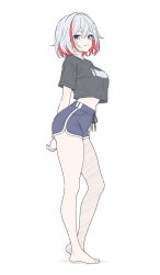 1girl alternate_costume barefoot blue_eyes blue_shorts blush breasts closed_mouth colored_inner_hair commentary cropped_shirt dolphin_shorts flat_color full_body hair_between_eyes hair_intakes hair_ornament highres honkai:_star_rail honkai_(series) large_breasts legs looking_at_viewer medium_breasts medium_hair midriff multicolored_hair purple_eyes red_hair red_streaks short_hair short_shorts short_sleeves shorts simple_background smile solo standing streaked_hair t1kosewad thighs toes topaz_(honkai:_star_rail) two-tone_hair white_background white_hair