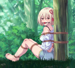 1girl absurdres arms_behind_back ball_gag barefoot bdsm blonde_hair bondage bound bound_arms bound_legs breasts brown_eyes forest gag gagged grass highres leveen looking_at_viewer lycoris_recoil medium_hair nature nishikigi_chisato restrained saliva saliva_trail shibari shibari_over_clothes shirt shorts single_bare_shoulder skindentation small_breasts solo tree white_shirt