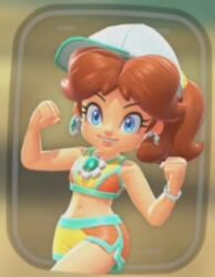 1girl blue_eyes brown_hair hat mario_(series) mario_kart mario_kart_world nintendo princess_daisy smile super_mario_land swimsuit