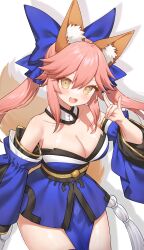 Rule 34 | 1girl, :3, :d, absurdres, animal ear fluff, animal ears, bare shoulders, blue bow, blue kimono, blush, bow, breasts, cleavage, collarbone, cowboy shot, detached collar, detached sleeves, double-parted bangs, drop shadow, eyebrows hidden by hair, fate/extra, fate (series), fox ears, fox girl, fox shadow puppet, fox tail, hair between eyes, hair bow, hand up, happy, highres, huge bow, japanese clothes, kimono, large breasts, long sleeves, looking at viewer, miyayoki, no bra, open mouth, pink hair, ponytail, sidelocks, simple background, smile, solo, split ponytail, tail, tamamo (fate), tamamo no mae (fate), white background, wide sleeves, yellow eyes