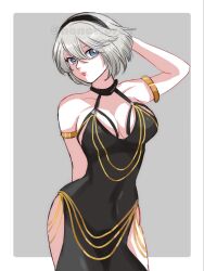 1girl 2b_(nier:automata) alternate_costume arm_behind_back arm_behind_head armlet artist_name black_dress breasts chain cleavage dress gold_chain grey_hair highres hip_vent jewelry large_breasts lips looking_at_viewer meme_attire modakawa_dress nier:automata nier_(series) nonoworks solo watermark