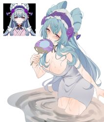 1girl bare_shoulders blue_hair blush breasts cleavage eyelashes frilled_hairband frills genshin_impact hairband hand_fan heart heart-shaped_pupils highres holding hssfaxee large_breasts long_hair looking_at_viewer naked_towel nihongami pink_pupils purple_eyes purple_hairband reference_inset simple_background solo symbol-shaped_pupils towel very_long_hair wading water wet white_background yumemizuki_mizuki