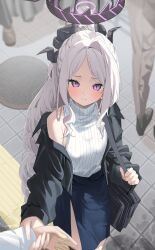 1girl absurdres alternate_costume bag black_bag black_halo black_horns black_jacket blue_archive blue_skirt blush closed_mouth commentary_request demon_horns dress halo hand_grab highres hina_(blue_archive) horns inu_lin jacket long_hair looking_at_viewer multiple_horns out_of_frame outdoors purple_eyes shirt shoulder_bag skirt sleeveless sleeveless_shirt solo solo_focus very_long_hair white_hair white_shirt