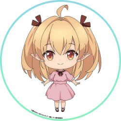 1girl ahoge blonde_hair brown_ribbon brown_shoes chibi closed_mouth dot_nose dress frilled_socks frills full_body hair_ribbon isshun_de_chiryou_shiteita_noni_yakutatazu_to_tsuihou_sareta_tensai_chiyushi_yami_healer_toshite_tanoshiku_ikiru lily_(yami_healer) long_hair looking_at_viewer neck_ribbon official_art orange_eyes pink_dress pointy_ears ribbon shoes short_sleeves socks solo two_side_up white_socks