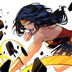 1girl armor armored_dress armpits back bare_shoulders biceps black_hair blue_eyes blue_skirt bracer clenched_hand dan_mora dc_comics debris dress floating_hair floating_rock gold_bracer gold_tiara grin highres incoming_attack incoming_punch lasso lasso_of_truth long_hair looking_down mature_female miniskirt muscular muscular_female polka_dot polka_dot_skirt punching red_dress red_lips rock signature simple_background skirt smile solo strapless strapless_dress striped_clothes striped_dress thighs tiara white_background wonder_woman wonder_woman_(series)