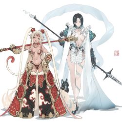 1girl absurdres alternate_costume alternate_design black_choker black_dog black_hair black_myth:_wukong blonde_hair blue_eyes blush bo_staff breasts center_opening character_name character_request check_character check_copyright choker circlet commentary copyright_request dark-skinned_female dark_skin dishwasher1910 earrings english_commentary english_text erlang_(black_myth:_wukong) facial_scar fang full_body gauntlets genderswap genderswap_(mtf) high_heels highres holding holding_polearm holding_weapon jewelry journey_to_the_west large_breasts linea_alba long_hair looking_at_viewer medium_hair mole_beside_mouth monkey_girl monkey_tail multicolored_hair navel polearm ruyi_jingu_bang scar scar_on_cheek scar_on_face signature simple_background solo spear streaked_hair sun_wukong tail third_eye twintails very_long_hair weapon white_background yulong_(journey_to_the_west)