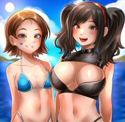 2girls beach bikini black_bikini black_hair blue_bikini blush breasts brown_eyes brown_hair cloud cloudy_sky emi_(fighting_vipers) fighting_vipers fighting_vipers_2 flat_chest headband honey_(fighting_vipers) large_breasts multiple_girls navel non-web_source ocean p0kan1 ponytail red_headband sega short_hair sky smile sticker_on_face sunny_day swimsuit thong