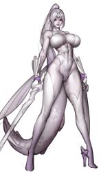 1girl absurdres bare_shoulders breasts creatures_(company) full_body game_freak gen_4_pokemon high_heels high_ponytail highres legendary_pokemon leotard long_hair looking_at_viewer nintendo palkia parted_bangs personification pokemon pokemon_(creature) ponytail psd_available red_eyes solo standing tail tangerine_(dudu) very_long_hair white_hair