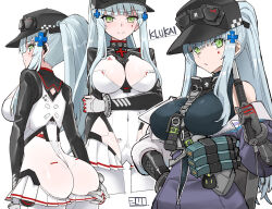 1girl ass baseball_cap baton_(weapon) black_bodysuit bodysuit breasts character_name cross_hair_ornament earpiece expandable_baton flashbang frilled_bodysuit fujii_jun girls&#039;_frontline girls&#039;_frontline_2:_exilium green_eyes hair_ornament hat hk416_(girls&#039;_frontline) holding_baton_(weapon) jacket klukai_(girls&#039;_frontline_2) klukai_(speed_star)_(girls&#039;_frontline_2) large_breasts long_hair looking_at_viewer magazine_(weapon) multiple_views off_shoulder official_alternate_costume partially_unzipped ponytail purple_jacket leotard smile tattoo teardrop teardrop_facial_mark teardrop_tattoo two-tone_bodysuit weapon white_background white_bodysuit