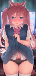 1girl animal_ears black_panties blue_eyes blue_sweater_vest blush bow breasts brown_hair clothes_lift computer_mouse dog_ears dog_girl highres lifting_own_clothes long_hair looking_at_viewer medium_breasts monitor nose_blush original panties red_bow shirt skirt skirt_lift solo sweater_vest tachimi_(basue) thighhighs twintails underwear white_shirt white_thighhighs