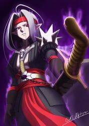 1boy ahoge armor aura black_pants black_shirt brown_gloves collarbone cowboy_shot demon_boy dragon_quest dragon_quest_iv from_below gloves harness headband highres holding holding_sheath holding_sword holding_weapon juliet_sleeves long_hair long_sleeves looking_down m1_dqplayer male_focus muscular muscular_male pants parted_hair pauldrons pisaro pointy_ears puffy_sleeves purple_background red_eyes red_headband red_sash sash scabbard sheath sheathed shirt shoulder_armor single_pauldron solo spiked_pauldrons sword twitter_username weapon white_hair