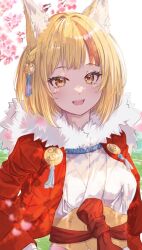 1girl animal_ear_fluff animal_ears breasts cherry_blossoms eyelashes fangs fire_emblem fire_emblem_fates fox_ears fox_girl fur-trimmed_jacket fur-trimmed_kimono fur_trim fuussu_(21-kazin) hair_ornament jacket japanese_clothes kimono kitsune light_blush looking_at_viewer multicolored_hair nintendo open_mouth red_sash rope sash selkie_(fire_emblem) shaded_face small_breasts solo streaked_hair tail two-tone_hair yellow_eyes