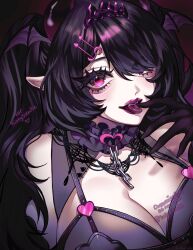 Rule 34 | 1girl, absurdres, aegyo sal, armpit crease, bare shoulders, bat wings, black choker, black dress, black gloves, black hair, black horns, breasts, broken, broken chain, chain, choker, cleavage, club (shape), colored tongue, commentary, commission, dark background, dress, english commentary, fangs, frilled choker, frills, gloves, hair ornament, hair over one eye, halterneck, hand up, head wings, heart, heart choker, highres, horns, large breasts, licking own finger, lipstick, looking at viewer, lubunni, makeup, open mouth, original, parted bangs, pink eyes, pointy ears, purple lips, purple tongue, sleeveless, sleeveless dress, smile, solo, teeth, tongue, tongue out, twintails, upper body, upper teeth only, wings