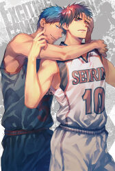 2boys aomine_daiki arm_around_neck bare_shoulders basketball_jersey basketball_shorts blue_eyes blue_hair dark-skinned_male dark_skin forked_eyebrows hand_on_another&#039;s_face highres kagami_taiga kuroko_no_basuke looking_to_the_side male_focus multiple_boys parted_lips red_eyes red_hair seirin_high_basketball_uniform shirt shirt_tucked_in short_hair shorts sideways_glance sleeveless sleeveless_shirt standing torisu touou_high_basketball_uniform