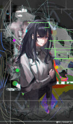 Rule 34 | 1girl, abstract background, absurdres, arknights, black hair, black hairband, chinese commentary, chromatic aberration, closed mouth, commentary, commentary request, cropped torso, english commentary, film grain, forever9 (user jwem4753), glitch, grey jacket, grey sweater, hair between eyes, hairband, highres, jacket, lapels, long sleeves, looking at viewer, medium hair, mixed-language commentary, priestess (arknights), purple eyes, smile, solo, sweater, turtleneck, turtleneck sweater, watermark, weibo watermark