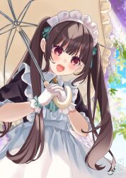 1girl apron black_dress blue_sky brown_hair brown_umbrella cloud commentary_request day dress frilled_apron frilled_umbrella frills from_below gloves highres holding holding_umbrella long_hair looking_at_viewer looking_down maid maid_apron maid_headdress original outdoors own_hands_together puffy_short_sleeves puffy_sleeves red_eyes rino_cnc short_sleeves sky solo twintails twitter_username umbrella very_long_hair white_apron white_gloves