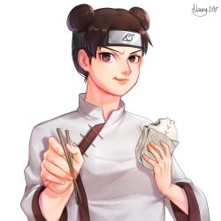 1girl brown_eyes brown_hair chopsticks double_bun eating food hair_bun highres holding holding_chopsticks naruto_(series) qjqjqjql signature solo tenten_(naruto) upper_body white_background