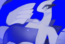 arm_up blue_background blue_eyes closed_mouth creatures_(company) feet_out_of_frame game_freak gen_2_pokemon highres legendary_pokemon long_neck looking_to_the_side lugia nintendo no_humans pokemon sideways_glance simple_background smile sushi1515 wings