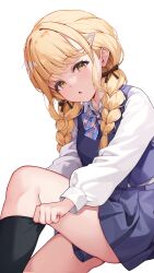 1girl :o black_socks blonde_hair bow bowtie braid fujita_kotone gakuen_idolmaster head_tilt highres idolmaster light_blush long_hair looking_at_viewer pinki_o64 pleated_skirt purple_shirt purple_skirt shirt simple_background skirt socks solo thighs white_background yellow_eyes